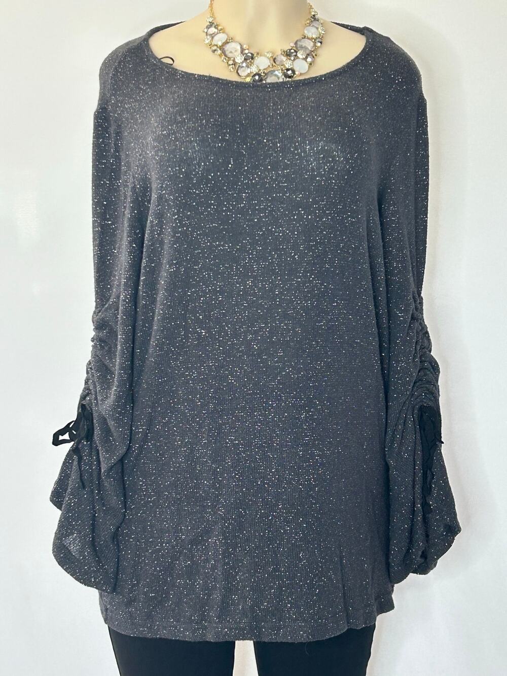 Juicy Couture XL Gray Metallic Sparkle Tunic Ruched Bell Sleeve Top Party